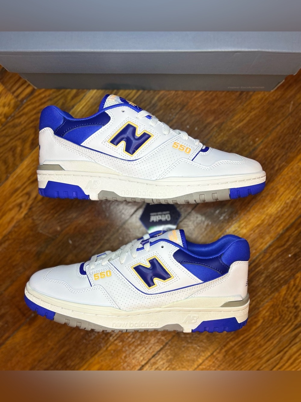New Balance Men’s White & Royal Blue 550 Sneakers with Gold Accents